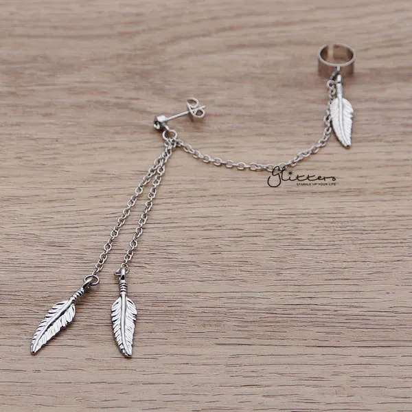 316L Surgical Steel Feather Dangles with Stud Chain Earring with End Clip