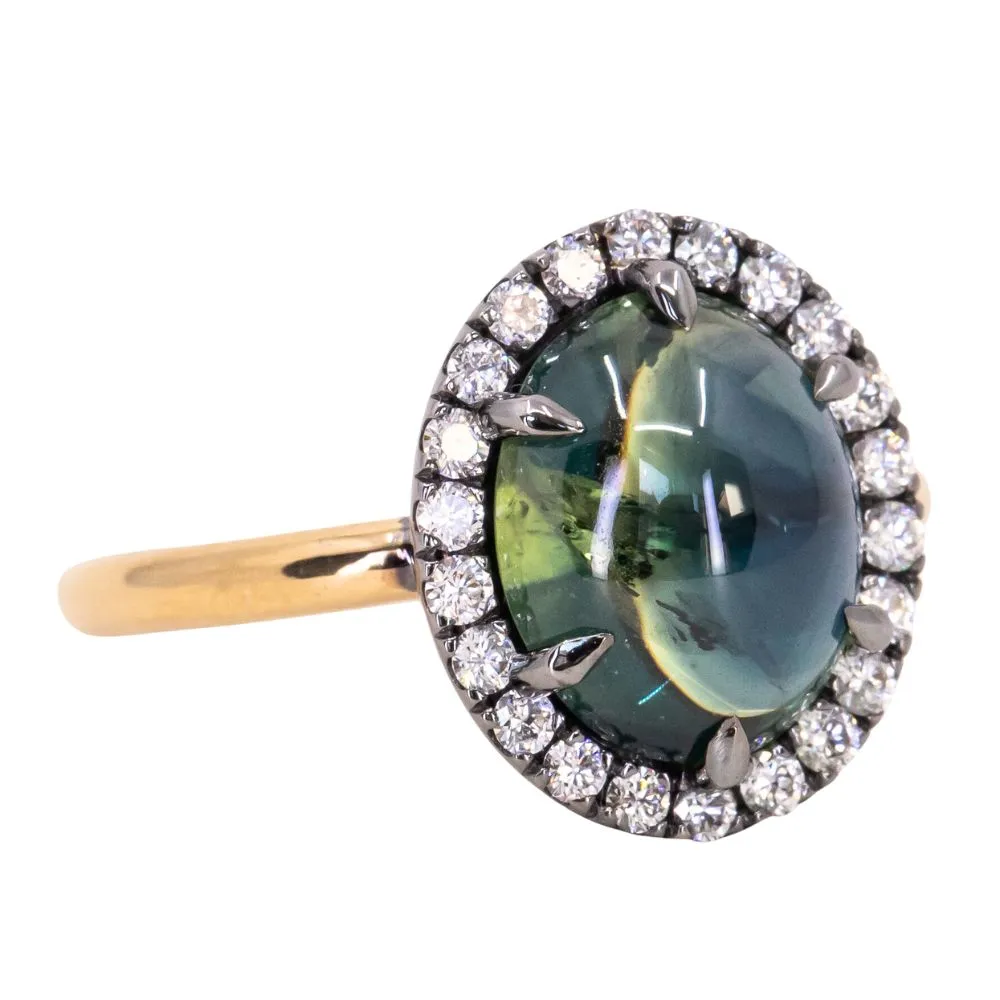 4.48ct Oval Cabochon Parti Sapphire and Antiqued Diamond Halo ring in 18k Yellow Gold