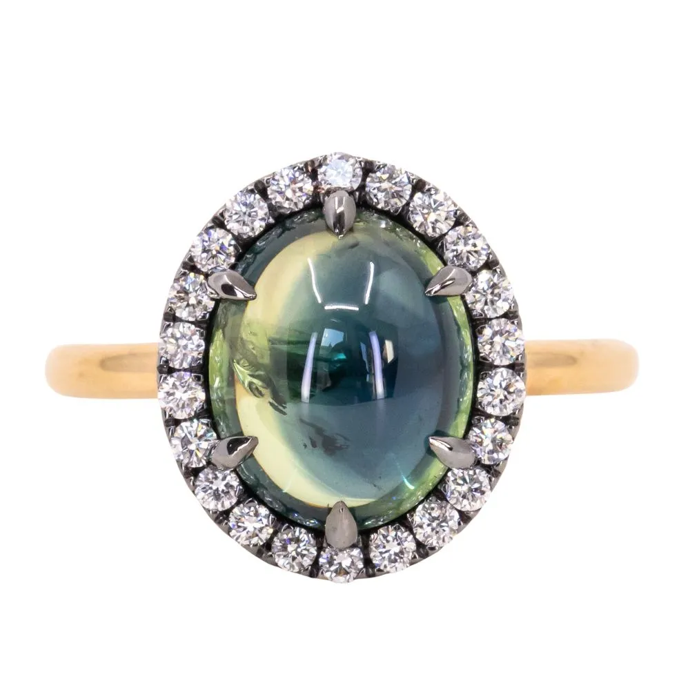 4.48ct Oval Cabochon Parti Sapphire and Antiqued Diamond Halo ring in 18k Yellow Gold