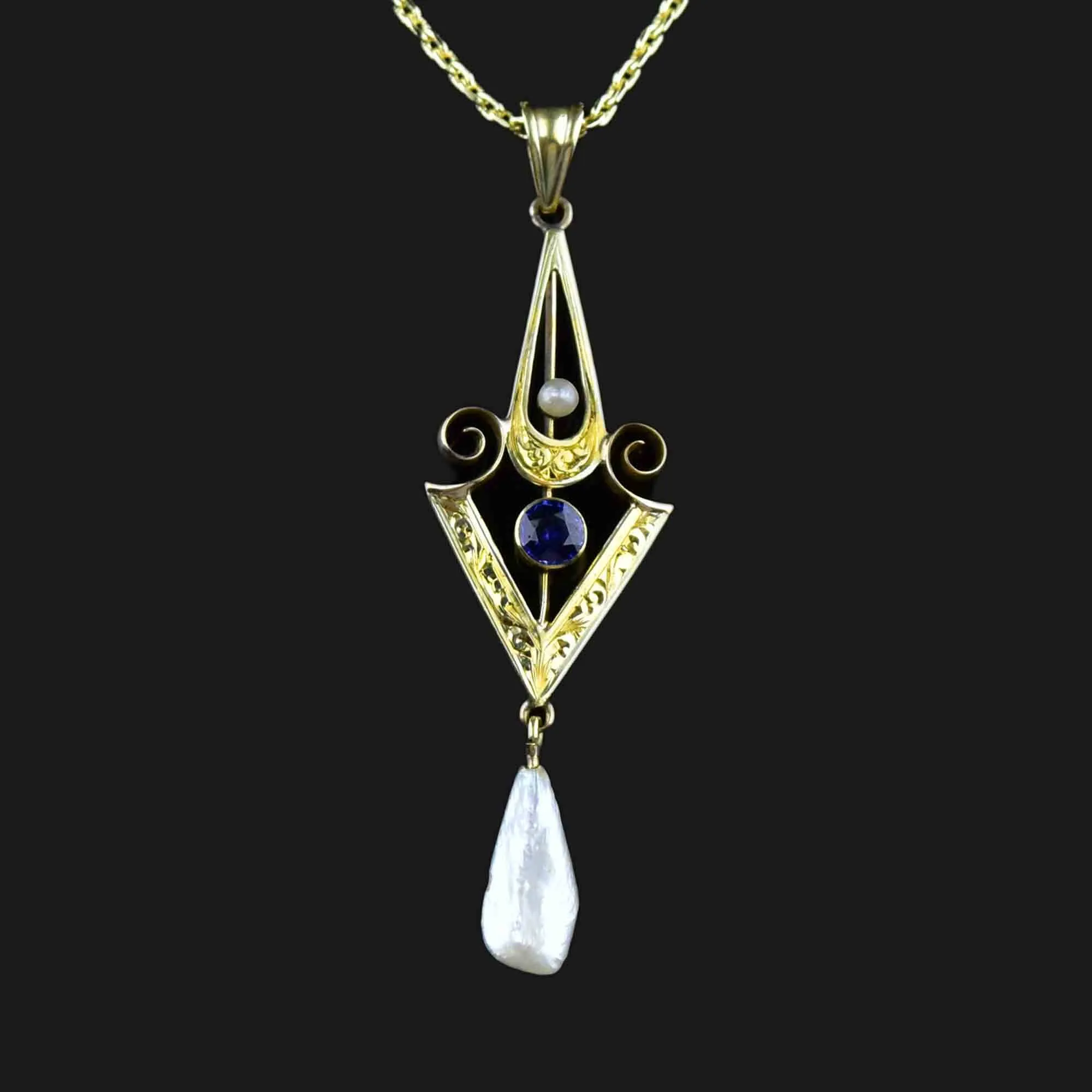 Art Nouveau 14K Gold Sapphire Pearl Lavaliere Necklace