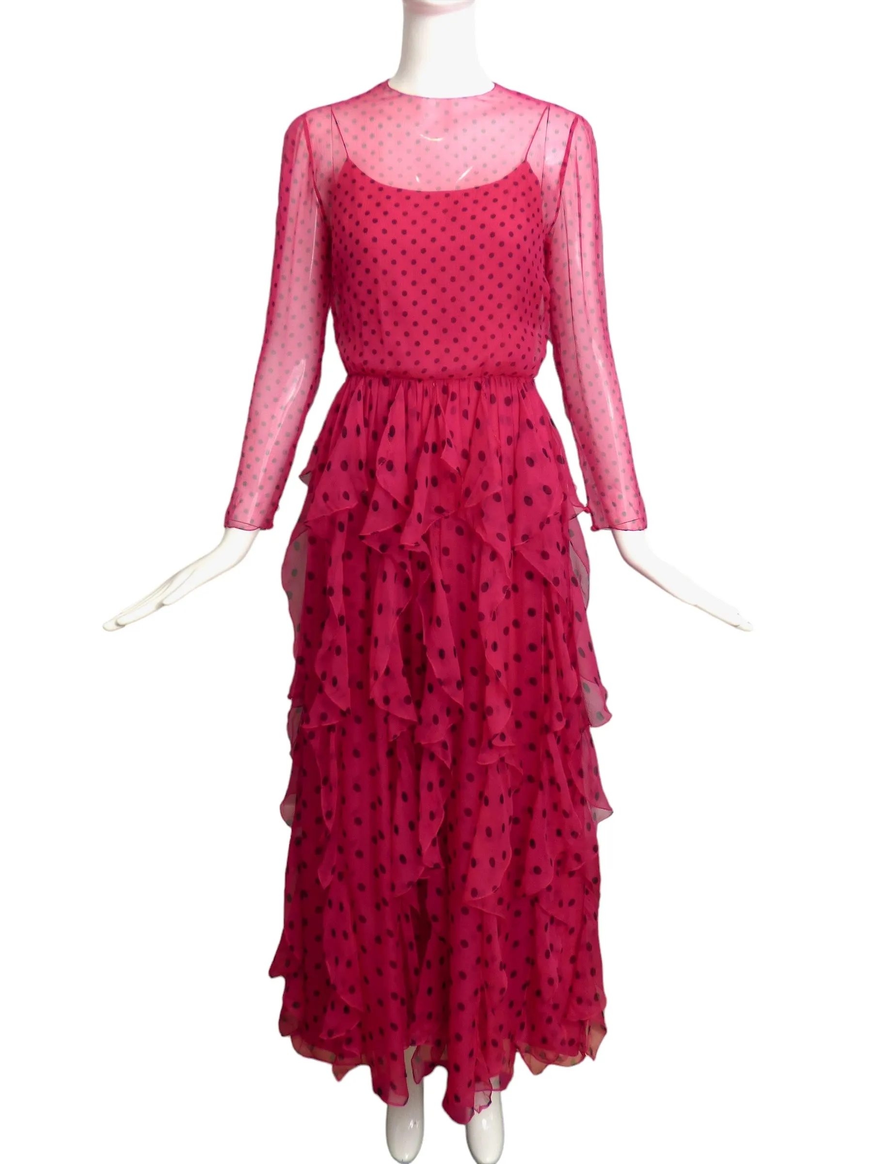 BILL BLASS- 1970s Pink Polka Dot Dress, Size 2