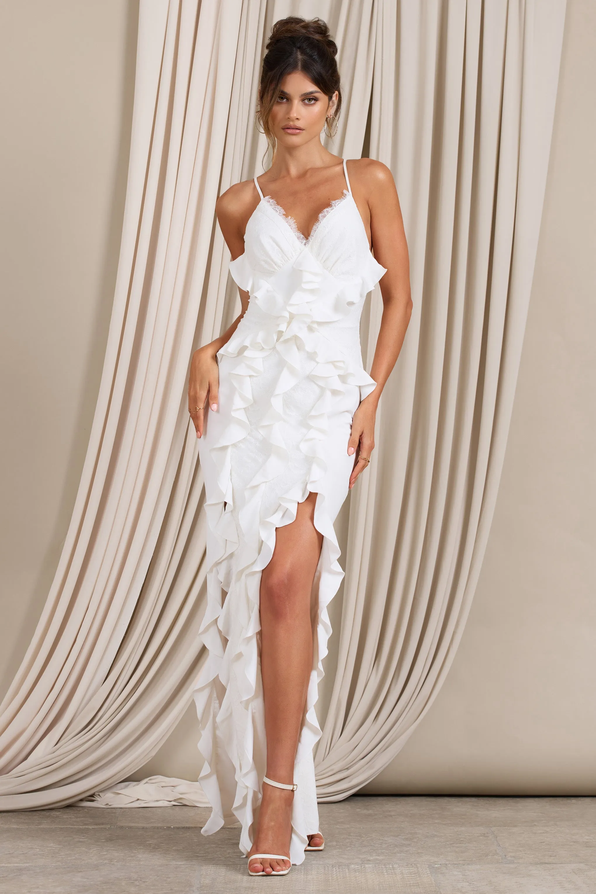 Clematis | White Lace Strappy Ruffled Maxi Dress