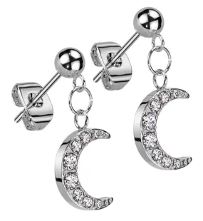 Crescent Moon CZ Dangle Stainless Steel Stud Earrings