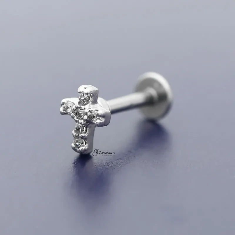 C.Z Paved Cross Tragus Cartilage Earring - Ball End | Flat Back