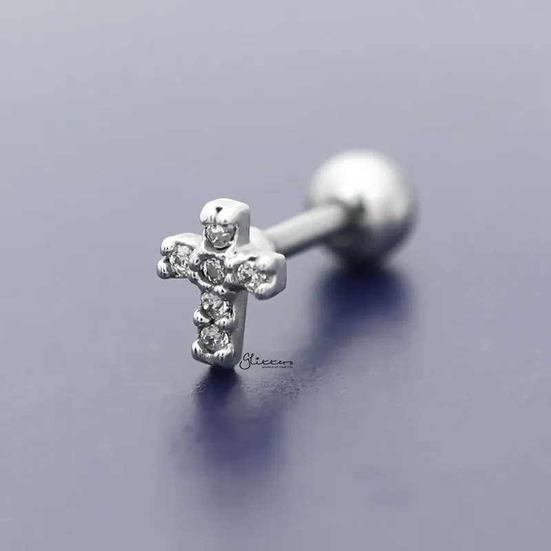 C.Z Paved Cross Tragus Cartilage Earring - Ball End | Flat Back