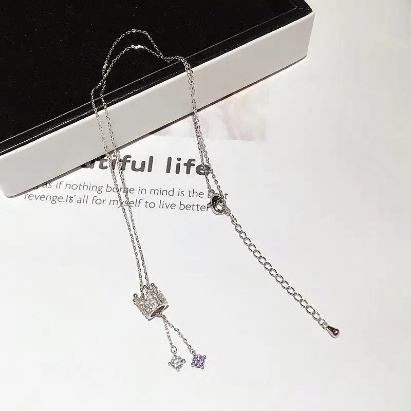 CZ Silver Tassel Crown Pendant Necklace