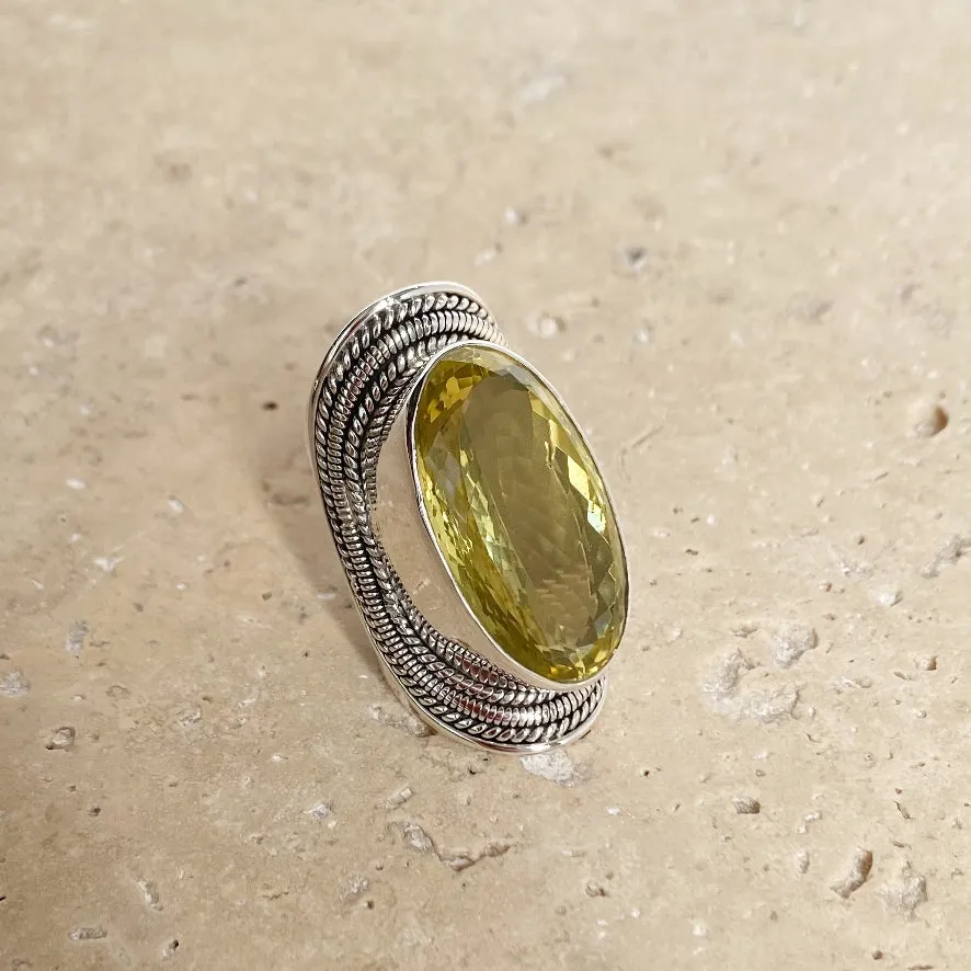 Lemon Quartz Long Oval Gemstone Ring - Devi