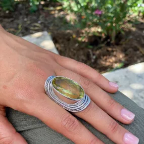 Lemon Quartz Long Oval Gemstone Ring - Devi