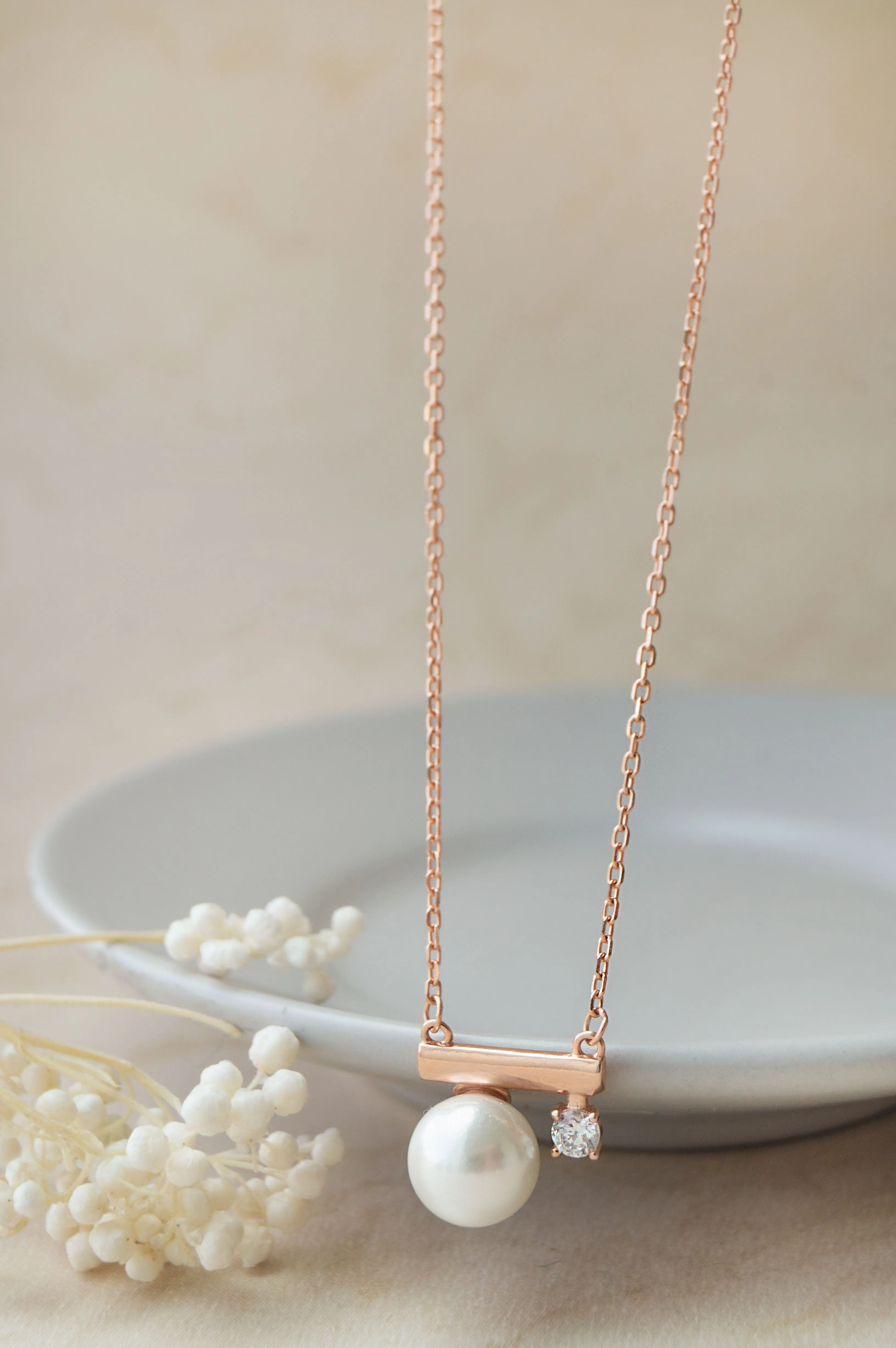 Pearl Underscore Sparkle Rose Gold Plated Sterling Silver Chain Necklace