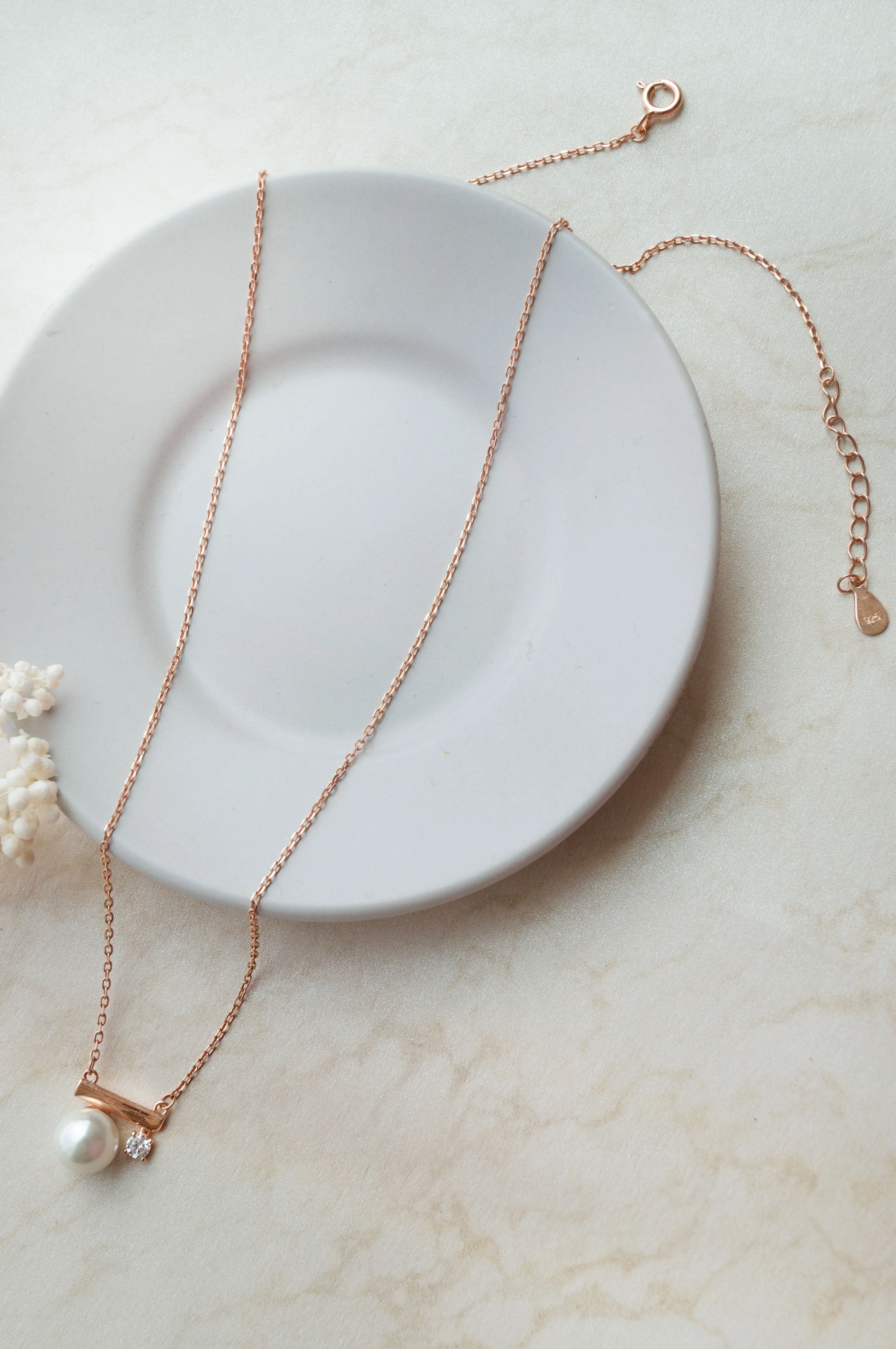 Pearl Underscore Sparkle Rose Gold Plated Sterling Silver Chain Necklace