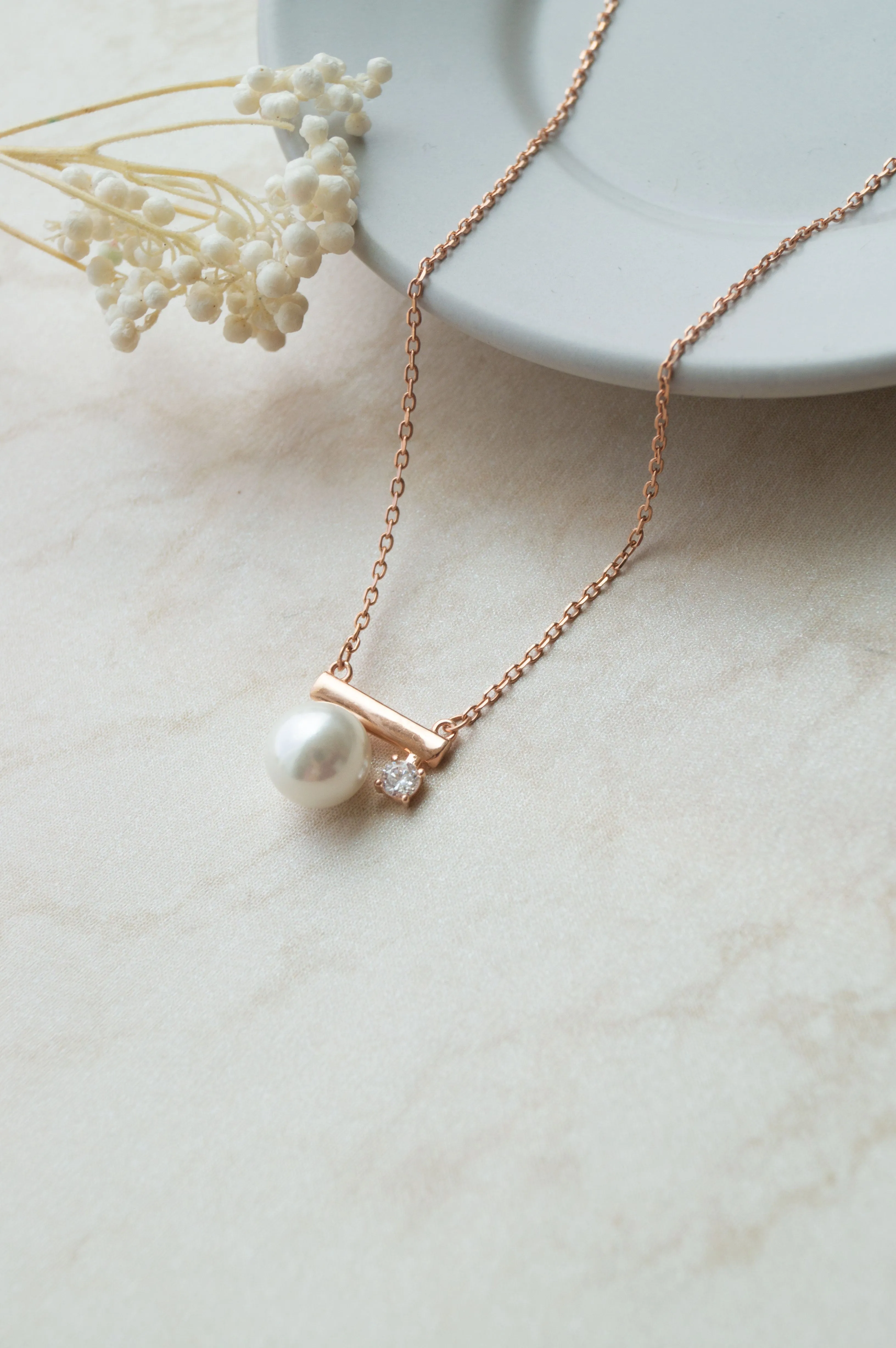 Pearl Underscore Sparkle Rose Gold Plated Sterling Silver Chain Necklace