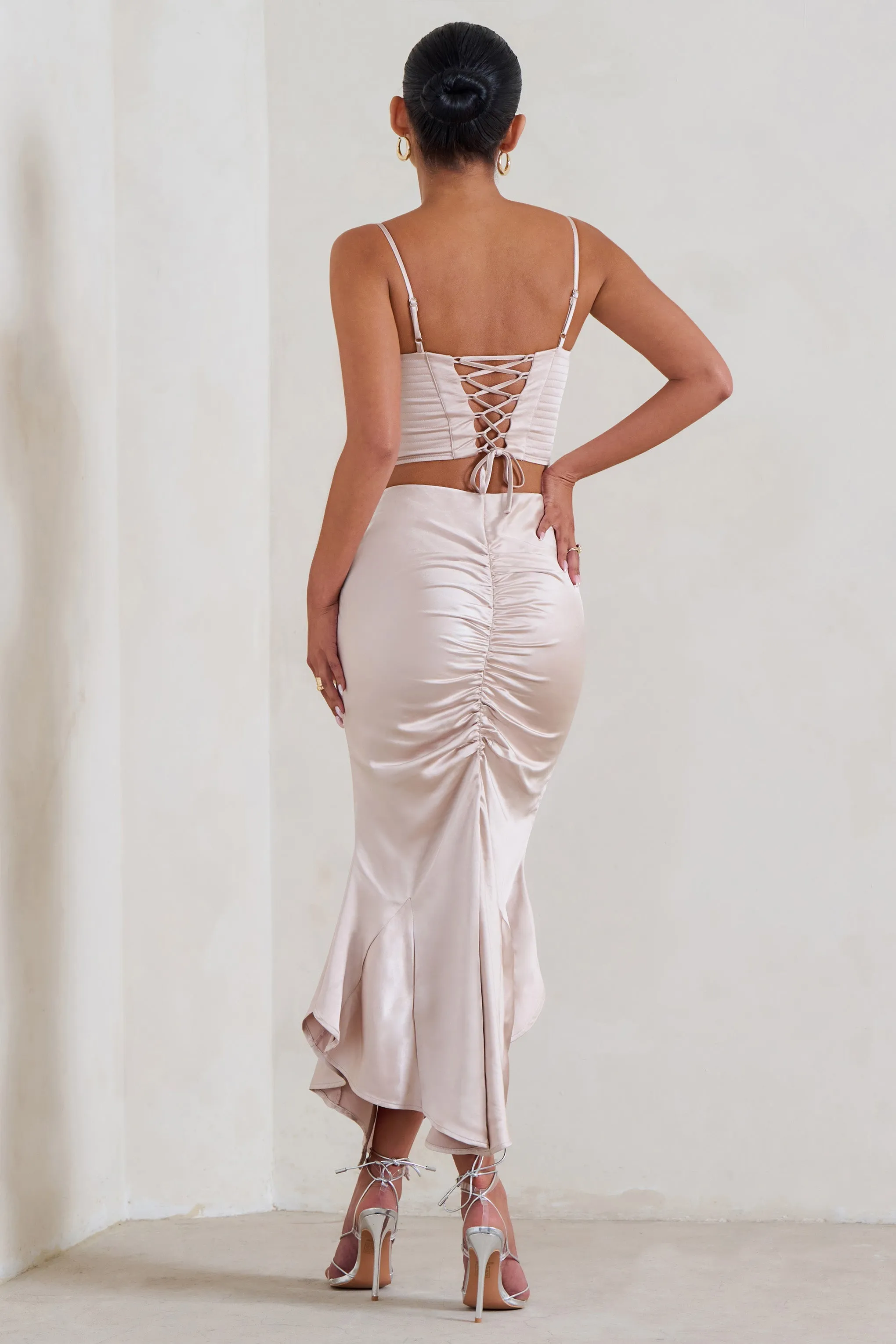 Per Favore | Champagne Satin Ruched Split Maxi Skirt