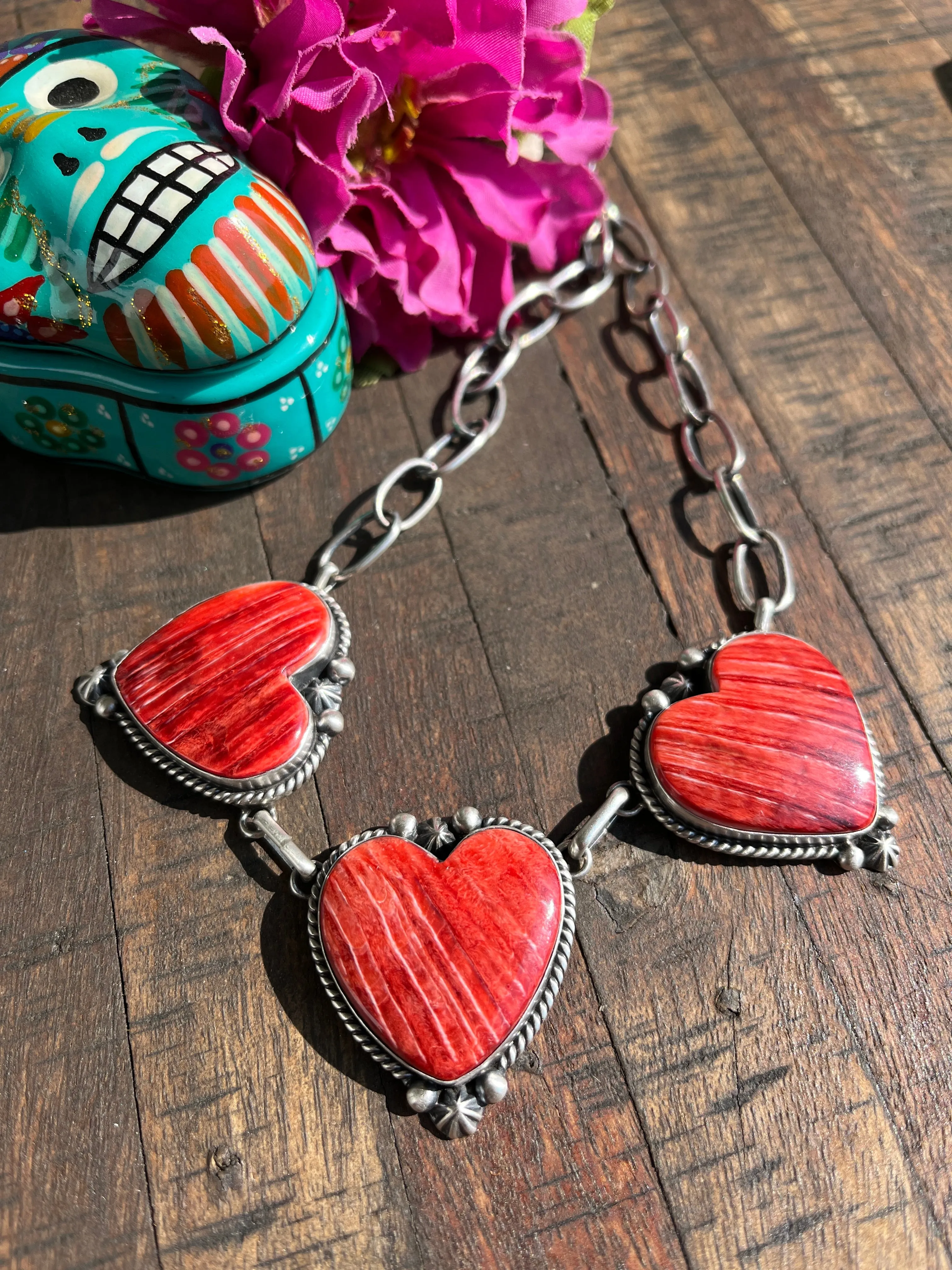 Red Spiny Triple Heart Necklace #1