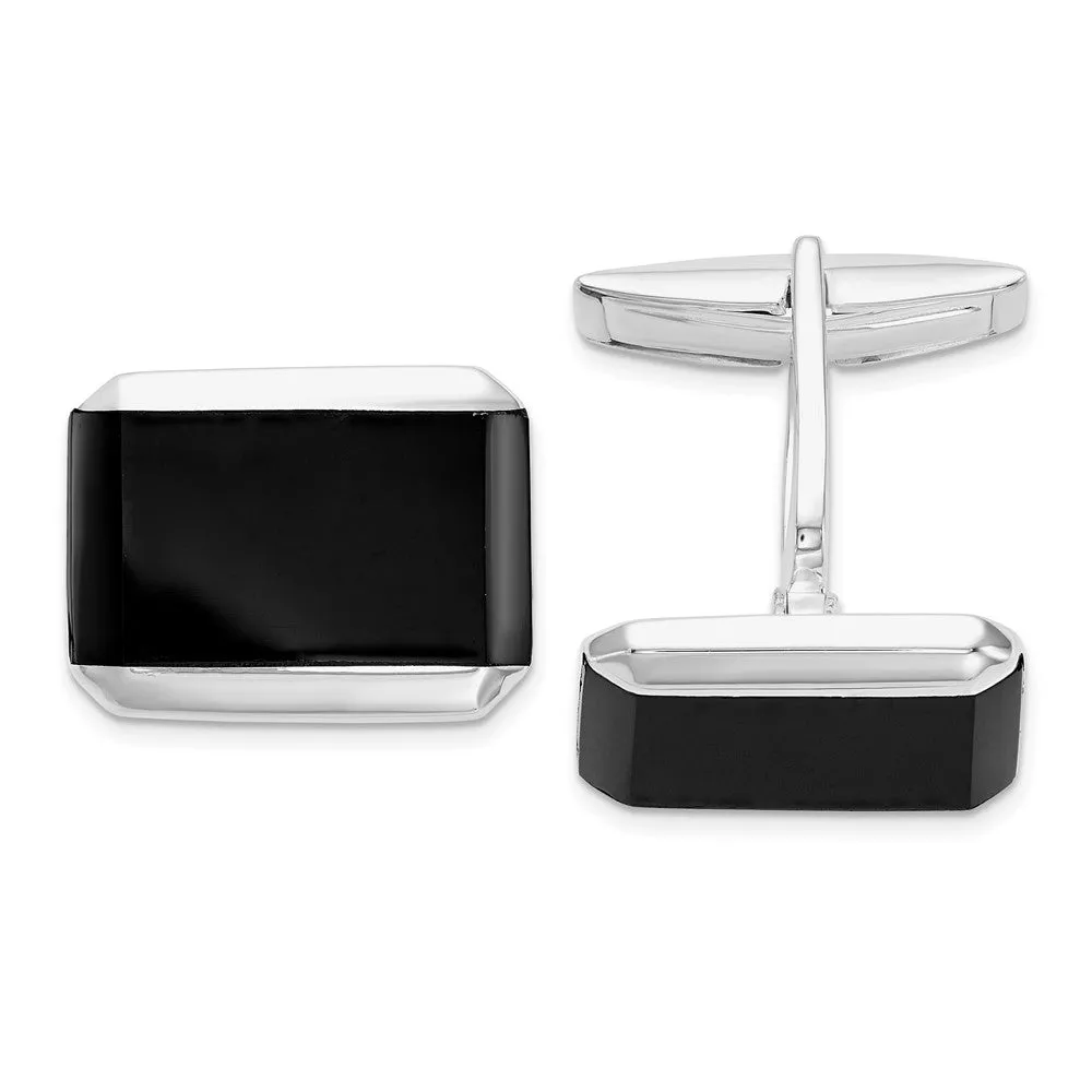 Sterling Silver Rhodium-plated Rectangle Onyx Cuff Links