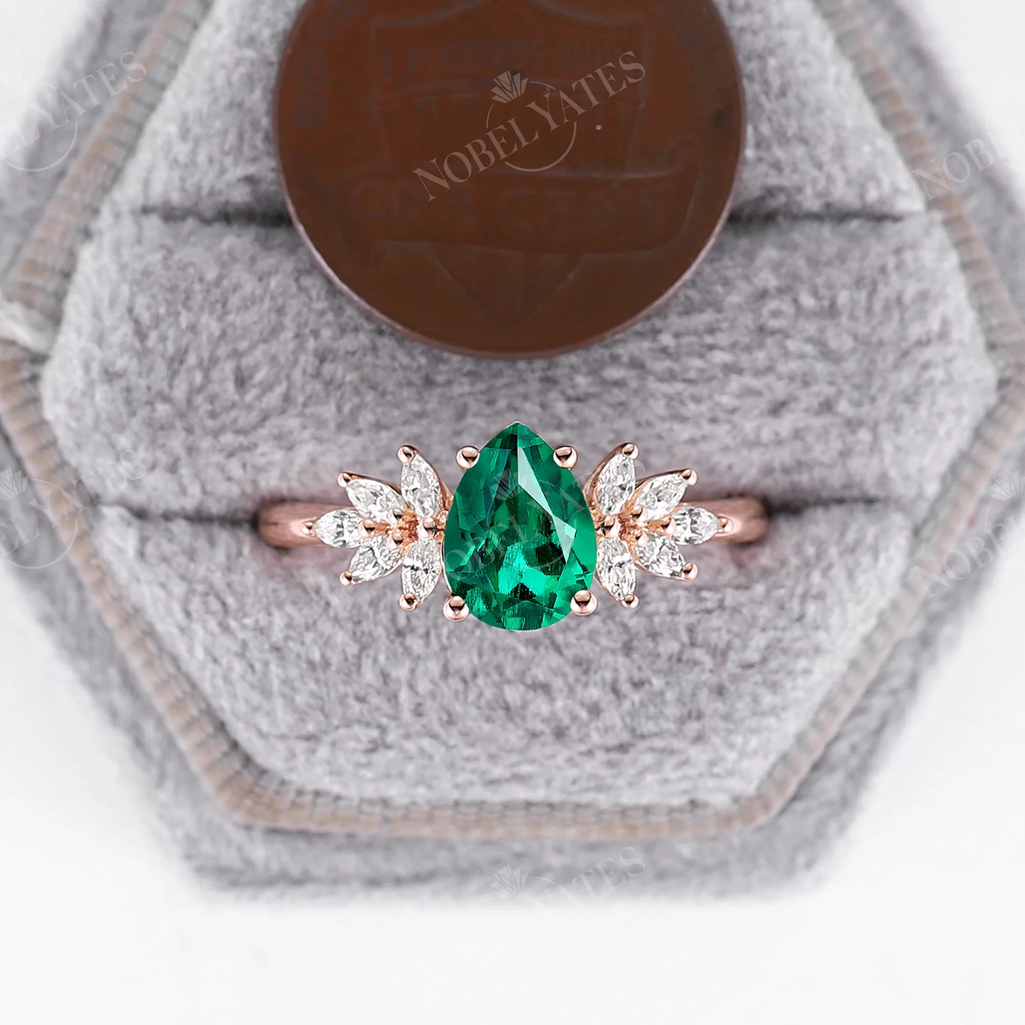 Vintage Pear Lab Emerald Cluster Engagement Ring Rose Gold