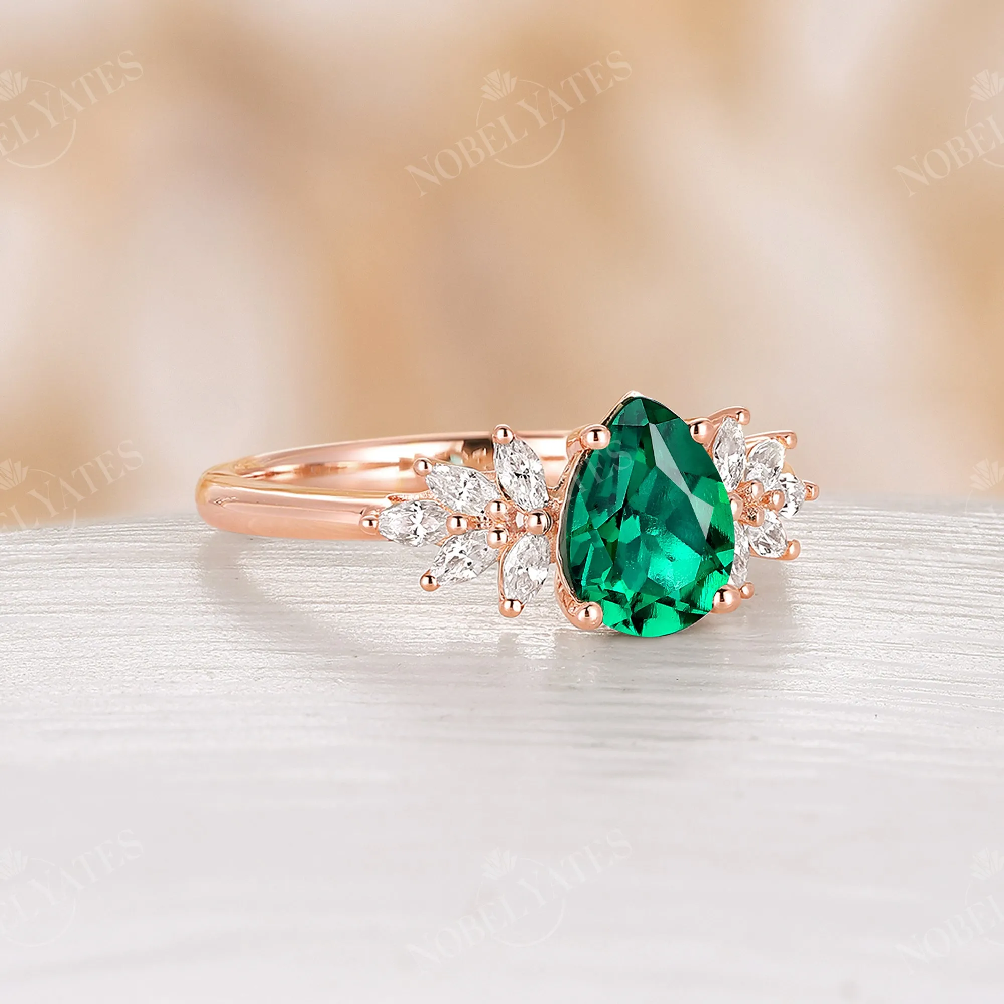 Vintage Pear Lab Emerald Cluster Engagement Ring Rose Gold