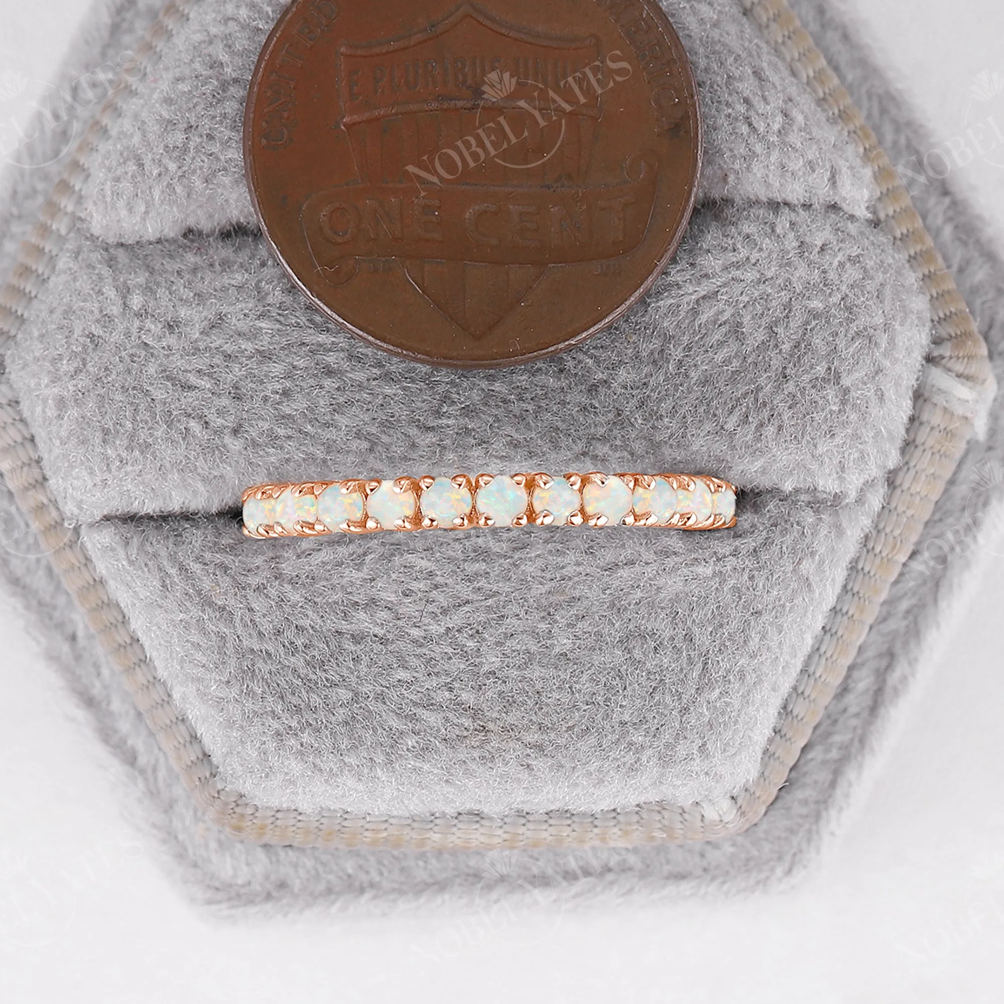 Vintage Round White Opal Rose Gold Eternity Wedding Band